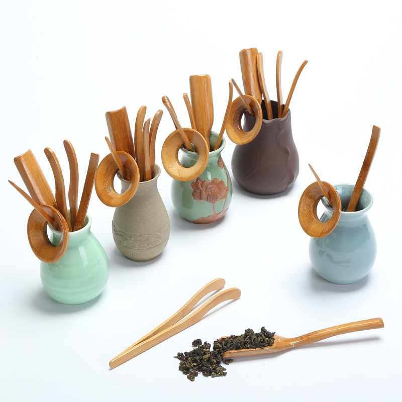 Ceramic Utiliti Tea Art Accessories Green Porcelain Small Tea Barrel Containing Barrel Bamboo Tea Clip Teaspoon Teaspoon Six Gentleman Suits