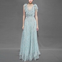 Temperament ruffled chiffon skirt celebrity waist printed long skirt slimming V-neck dress women's summer new style