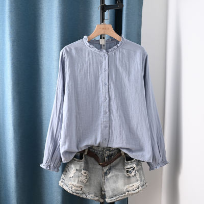 Black fungus lace round-neck all-cotton double-layer gauze long-sleeved shirt, a new sweet, versatile, skin-friendly and breathable top for autumn and winter