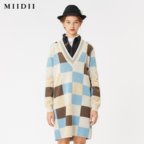 MIIDII riddle early autumn and winter H-Type V-neck maseg Plaid pullover knitted dress long sleeve 201MZ0408