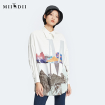 Riddle Shirt Woman 2022 Fall loose Shoulder Mountain Peak Printed Pure Cotton Long Sleeve Shirt 228MC6108