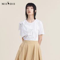 Riddle short sleeve T-shirt woman 2022 autumn new product design small crowdsize butterfly knot round neckline female 223MT1191