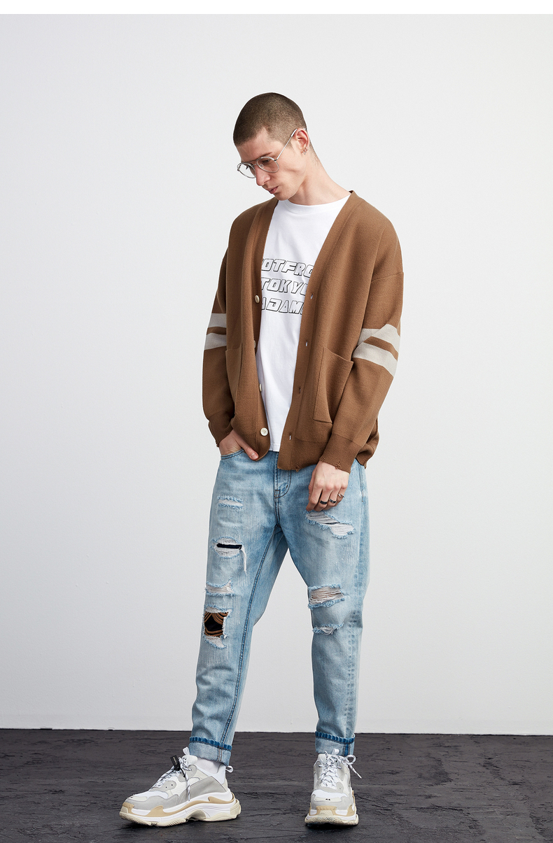 Lilbetter nam dệt kim mới V-cổ sọc tương phản dài tay áo len Casual Loose Cardigan áo len