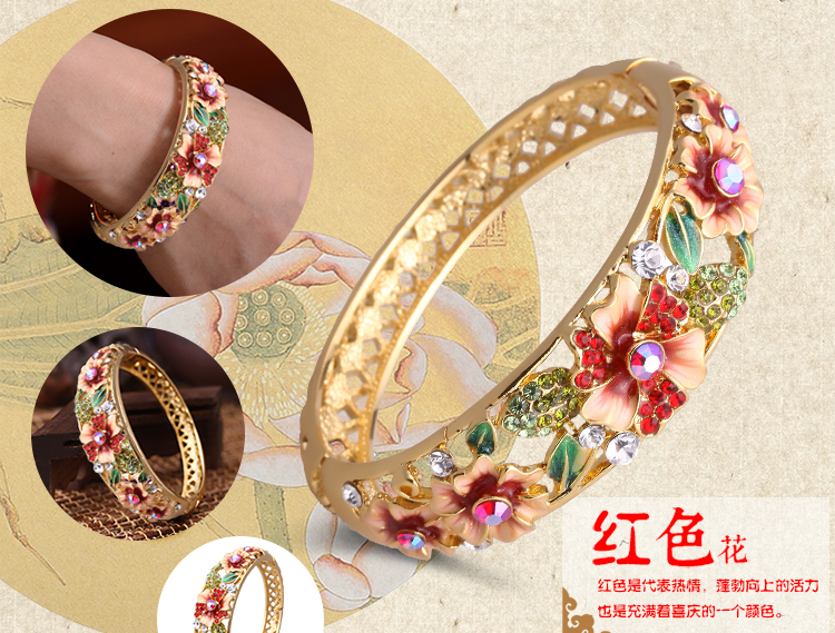 Vòng tay cloisonne đích thực của phụ nữ openwork thời trang phiên bản Hàn Quốc của vòng tay mạ vàng theo phong cách quốc gia pha lê retro gửi mẹ vòng tỳ hưu