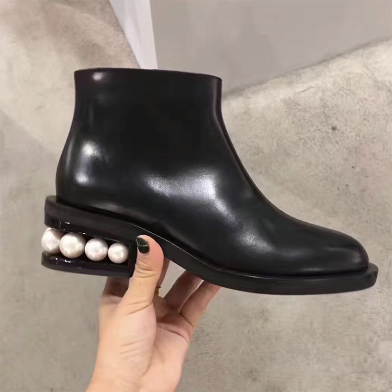 European Style Pearl Heel Boots, Autumn and Winter Genuine Leather Mid-Heel Chunky Heel 5cm, Elegant and High-End Feel, Fleece-Lined Short Boots and Ankle Boots