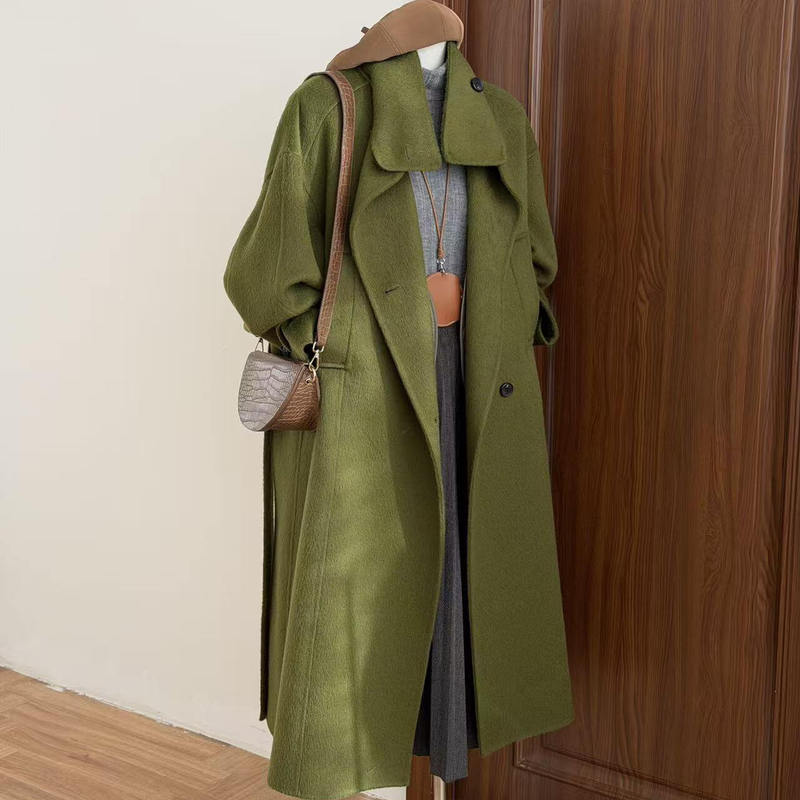 Korean Style Double-Sided Wool Coat for Women, New Autumn and Winter 2025, High-End Green Mid-Length Elegant Stand-Collar Woolen Coat