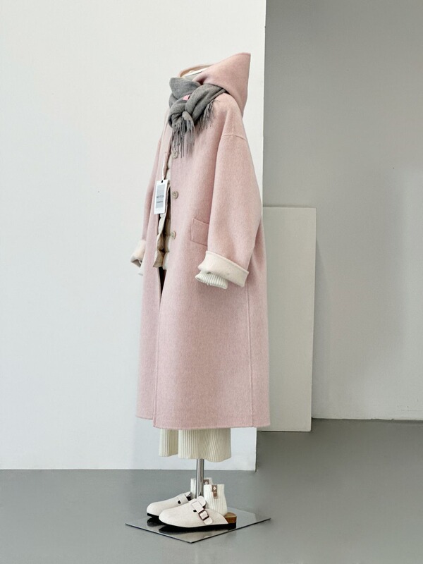Pink Double-Sided Cashmere Coat for Women 2023 Autumn and Winter New Loose Korean Style Girly Hooded Woolen Jacket
