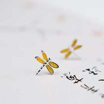 925 sterling silver plain silver drop oil color yellow Dragonfly classical ancient style silver ear nail earrings with gift box