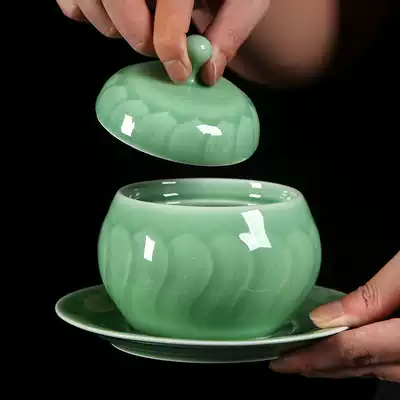 Longquan Celadon stew pot Ceramic small soup pot Lotus stew pot Dessert soup pot Bird's nest snow clam water-separated steamed egg stew with lid