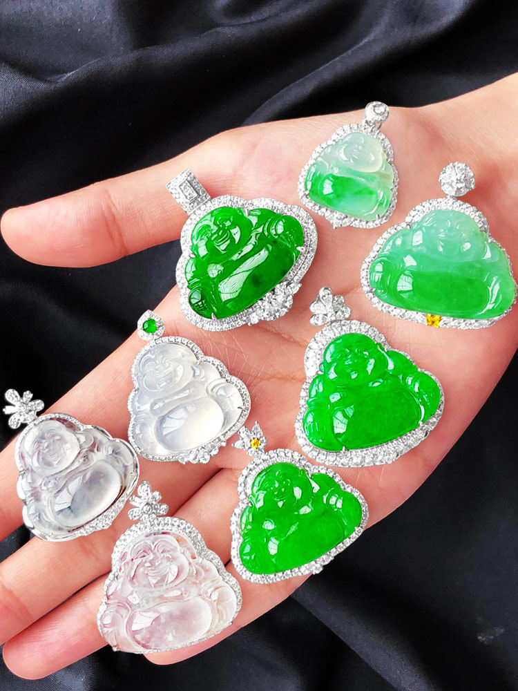 Natural jade pendant female model big Maitreya laughing Buddha Ice kind little Buddha Gongman green 18K gold inlaid jade Buddha pendant female
