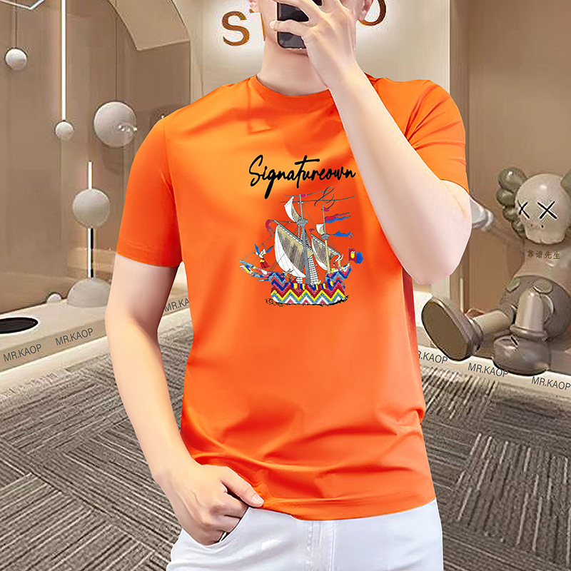 2026 Orange Silk-Gloss Cotton Breathable Slim-Fit Short-Sleeve T-Shirt High-End European Style Summer Men's Pullover Printed T-Shirt