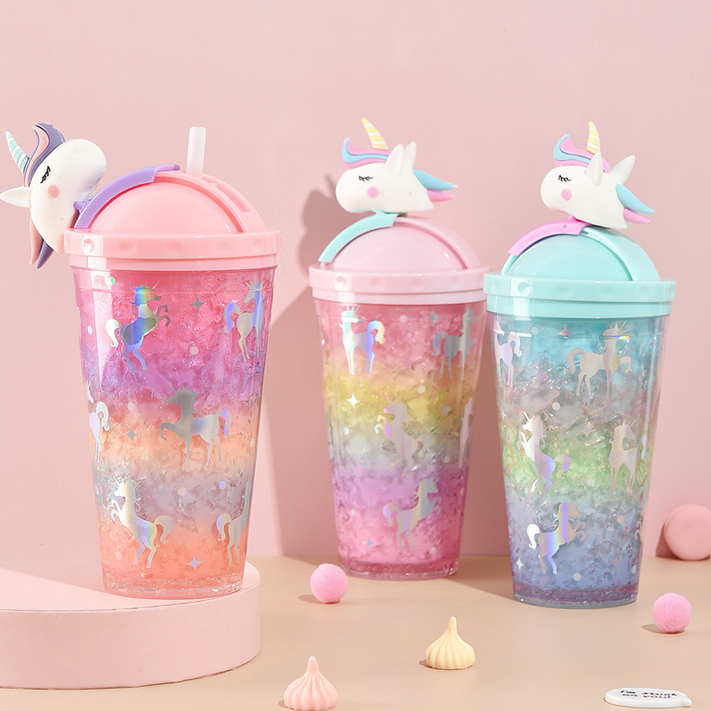 Youwu Liangpin summer crushed ice cup girl unicorn ice cup double layer refrigeration cute fresh plastic straw