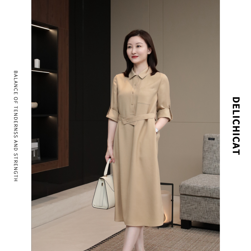 Delichicat｜"Light Workwear Style” High-Quality Long Silk Acetate Dress with Ruffled Sleeves and Tie-Waist Design