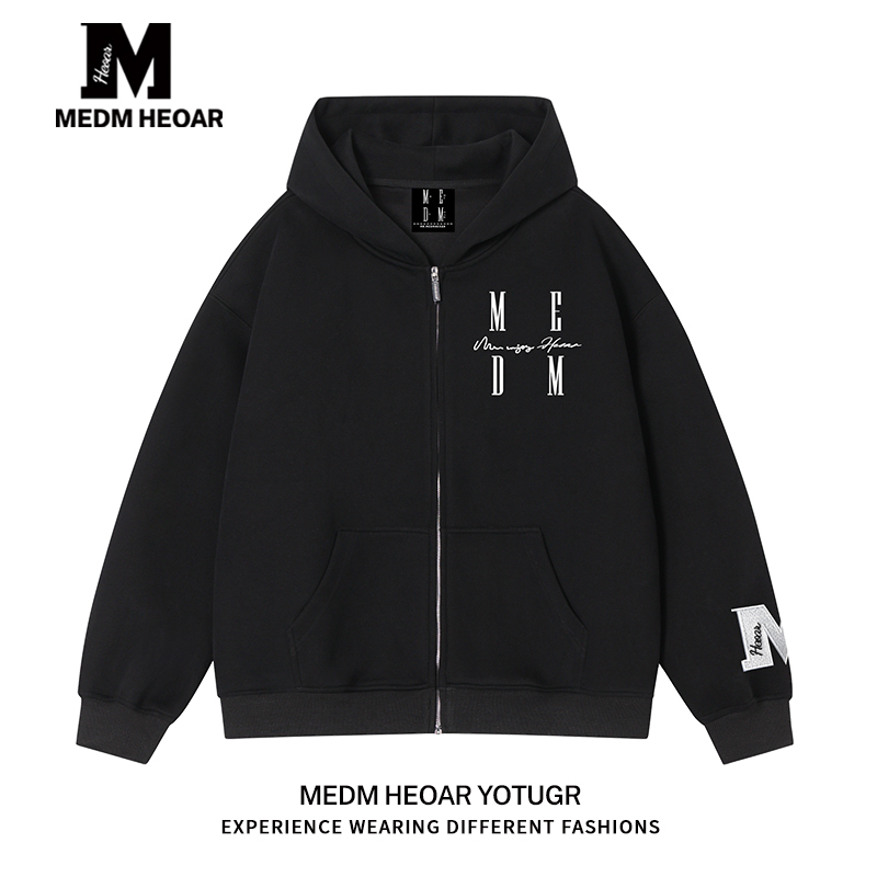 [All Three Labels Complete] Medmhhut Embroidered Zipper Hoodie Men's American Casual Hooded Sweatshirt Loose Jacket