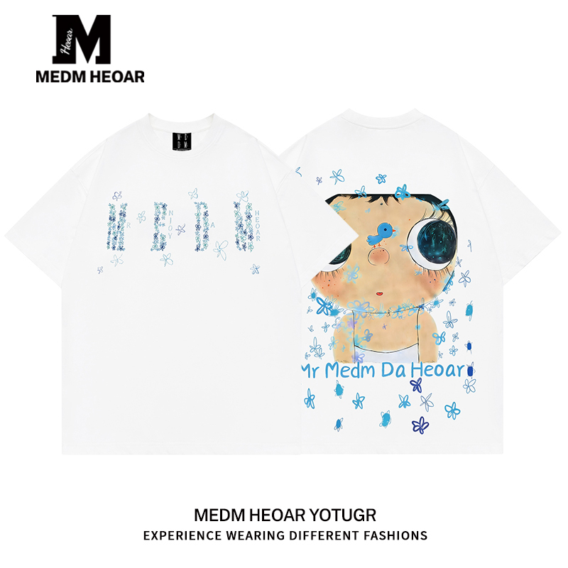 Medm Heoar× Yuy Yu Co-Branded Cute Style Versatile T-Shirt with Jade Print, Round Neck, Short Sleeves, Unisex, Summer