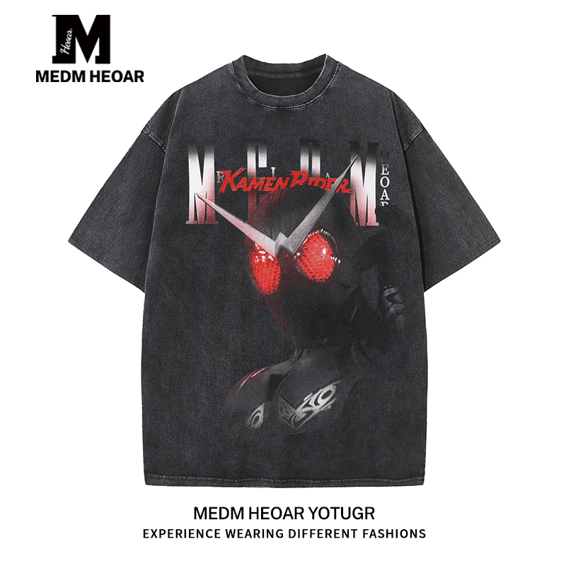 Medm Heoar Kamen Rider Collaboration - Character Half-Body Print Pure Cotton Washed Vintage Short-Sleeve Men's Crew Neck T-Shirt