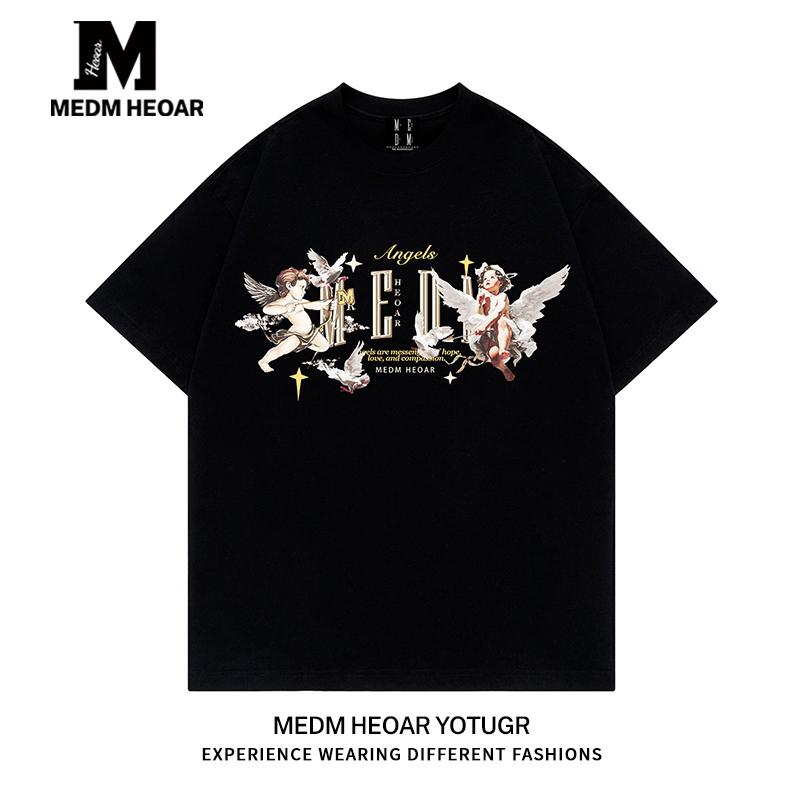 Medmhhut National Trendy Brand American-Style "Angel Series" Printed Short-Sleeve Heavyweight T-Shirt for Men and Women