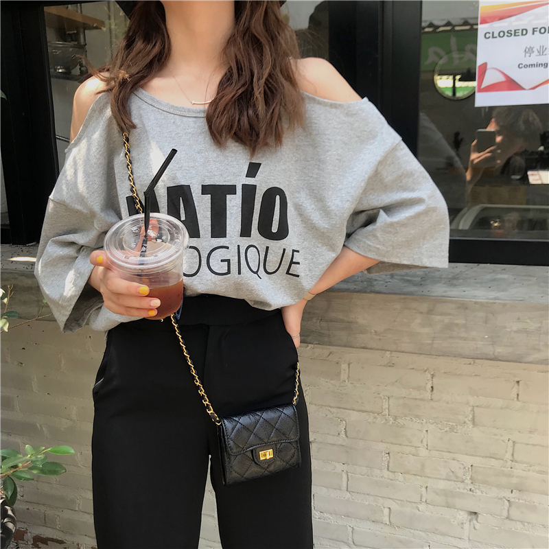 VK旗艦店 韓系吊帶露肩字母印花短袖上衣