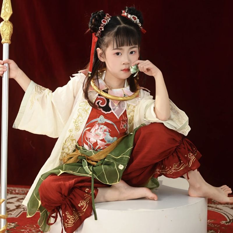 New Version of Hanfu with Heavy Embroidery for Children, Unisex, Nezha Style, Straight Collar, Front Placket, Lantern Pants, Little Fairy Performance Costume