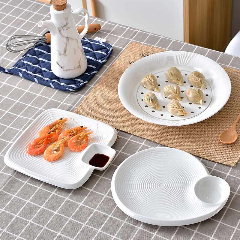 Creative tableware dumpling plate drain double-layer plate household ceramic dumpling plate with vinegar dish microwave oven water-proof steaming plate