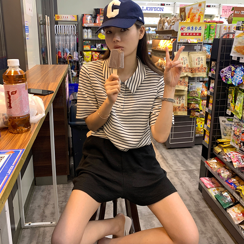 CloudSweet Athflow Wind PoloGirlish~Simply Huata Waffger T-shirt Short Set