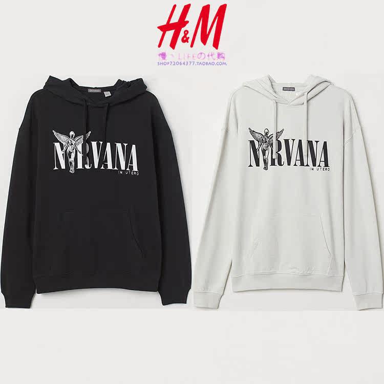 товар из китая h&m 秋季 hm nirvana 涅槃乐队 黑色/米色 印花连帽卫衣