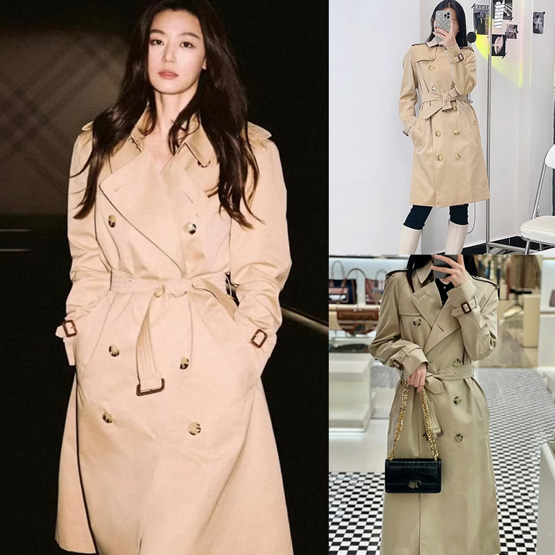 B Brand Women's Mid-Length Trench Coat, Same Style as Kim Ji-Soo, Gabardine Cotton Kensington Trench Coat, New Autumn and Winter Coat