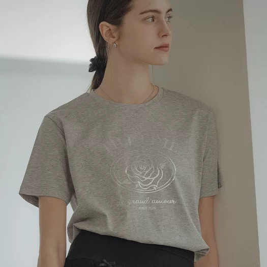 [TILLIDIE韩国代购Rose print half sleeve tencel t恤2色包邮]
