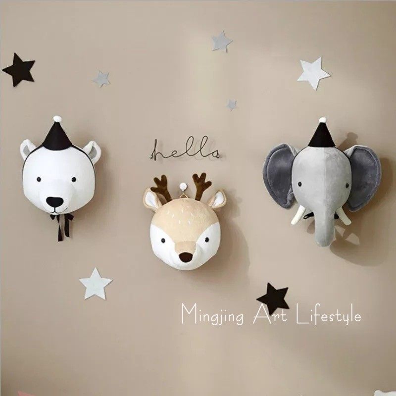 INS Nordic children's room animal head wall decoration plush three-dimensional animal head wall hanging three-dimensional animal modeling