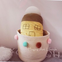 Nordic new colored hair ball decoration home finishing storage barrel woven basket childrens room toy clothes storage basket