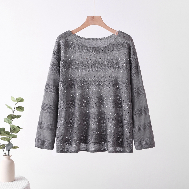 Round Neck Loose Thin Sequined Knit T-Shirt Long Sleeve Korean Style 2026 Spring/Summer Shiny Slightly Sheer Pullover Top Round Neck Loose Thin Sequined Knit T-Shirt Long Sleeve Korean Style 2026 Spring/Summer Shiny Slightly Sheer Pullover Top