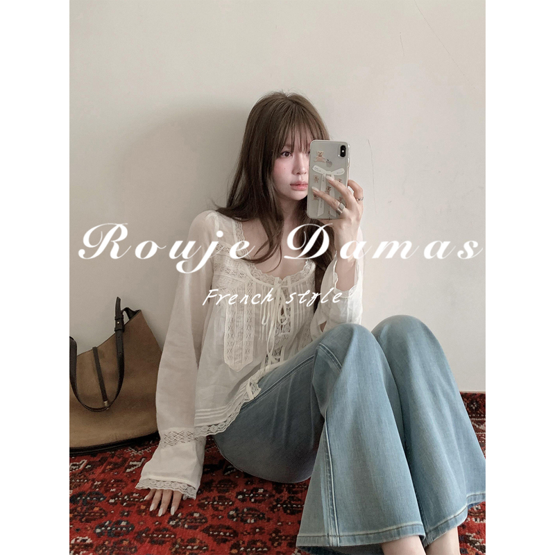 Rouje Damas White Lace Collar Long-Sleeved Shirt for Women Spring French Style Light and Casual Lace-Up Top