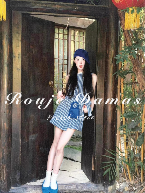 Rouje Damas French Style Blue Plaid Sleeveless Round Neck Dress Women's Summer Waist-Cinching Lace-Up Short Skirt