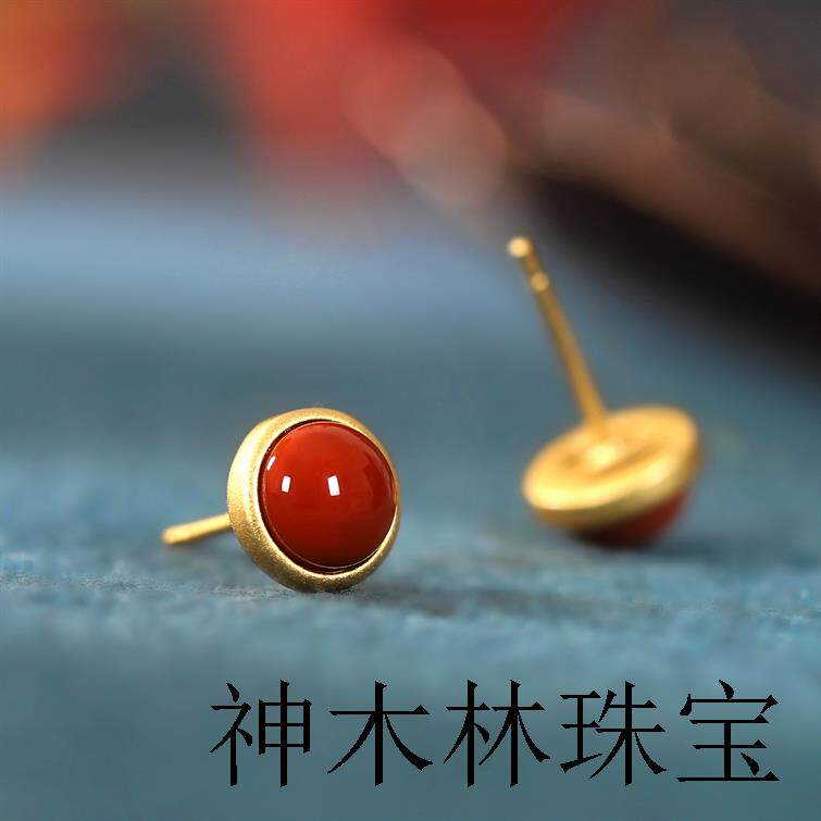 Серьги 南红玛瑙和田玉纯银古法金耳钉女复古高级感小巧精致红色耳环耳饰 OTHER