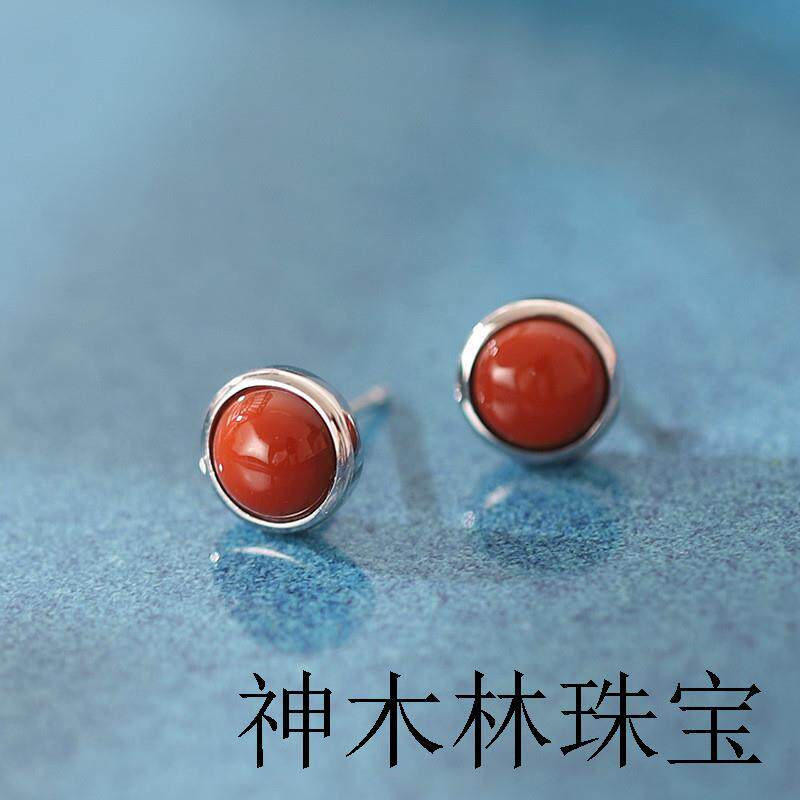 Серьги 南红玛瑙和田玉纯银古法金耳钉女复古高级感小巧精致红色耳环耳饰 OTHER