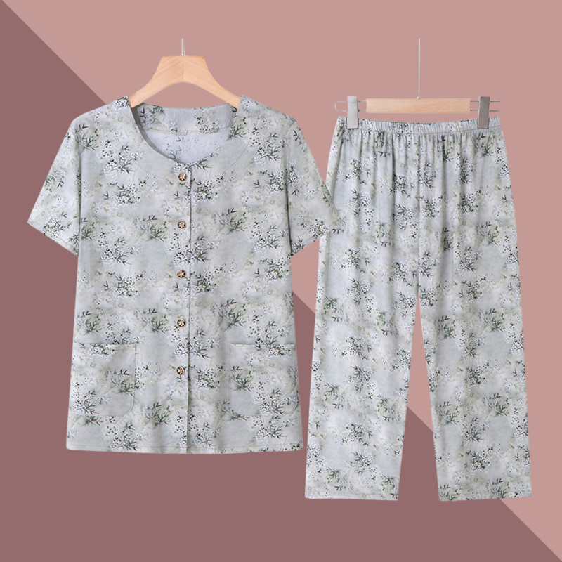 Old Lady's Summer Short-Sleeved Cotton Silk Suit, Grandma's Pure Cotton Home Clothes Two-Piece Set, Elderly Cardigan Women's Pajamas