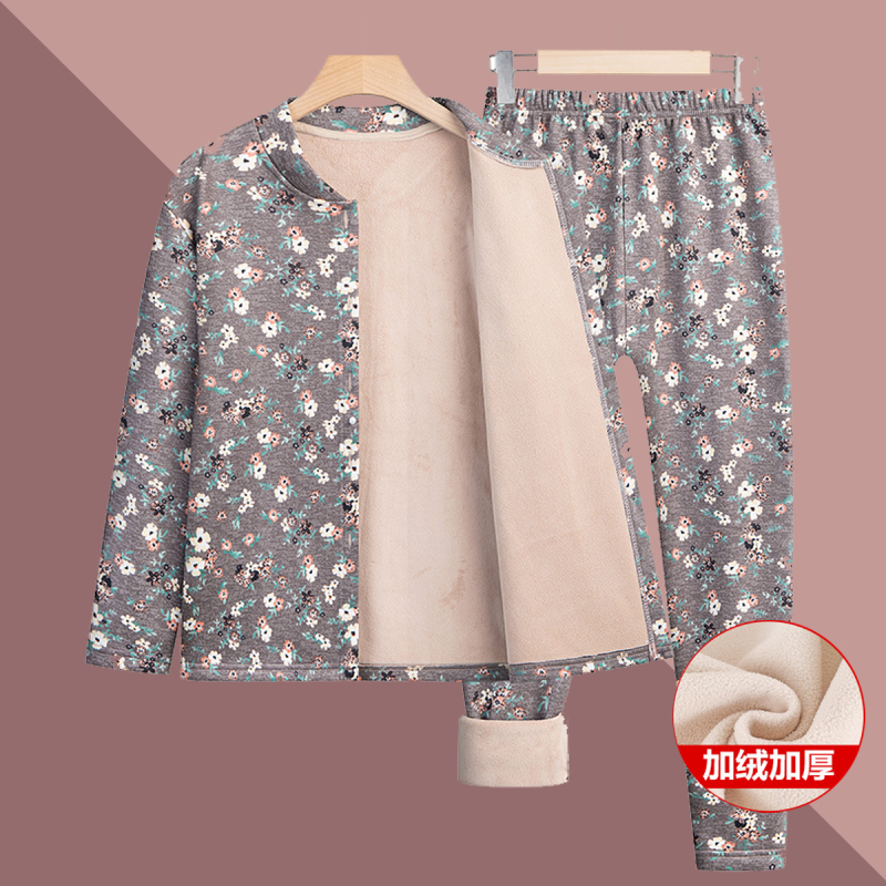 Grandma's Autumn and Winter Cardigan Set, Elderly Women's Clothing, Autumn and Winter Fleece-Lined Thermal Underwear, Women's Home Pajamas