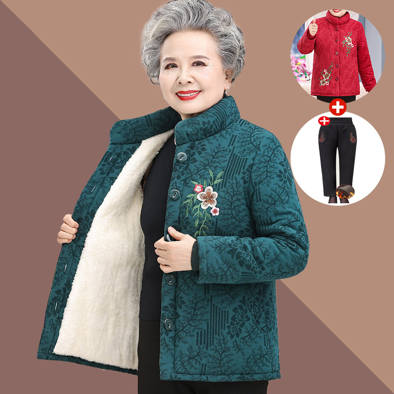 Grandma winter dress cotton padded jacket with velvet thickened cotton clothes 60-year-old autumning-embroidered elderly coat female moms new-Taobao