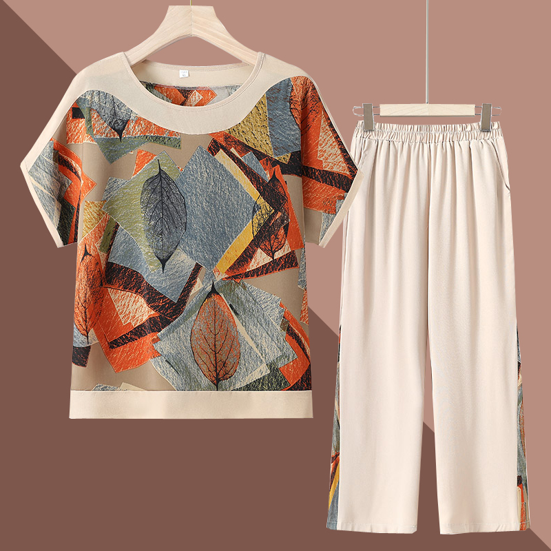 Summer Clothing for Mothers, Elderly Women's Clothing, Grandma Outfit Set, Short-Sleeved T-Shirt, Round Neck, Thin Clothing, 60-Year-Old Wife's Shirt