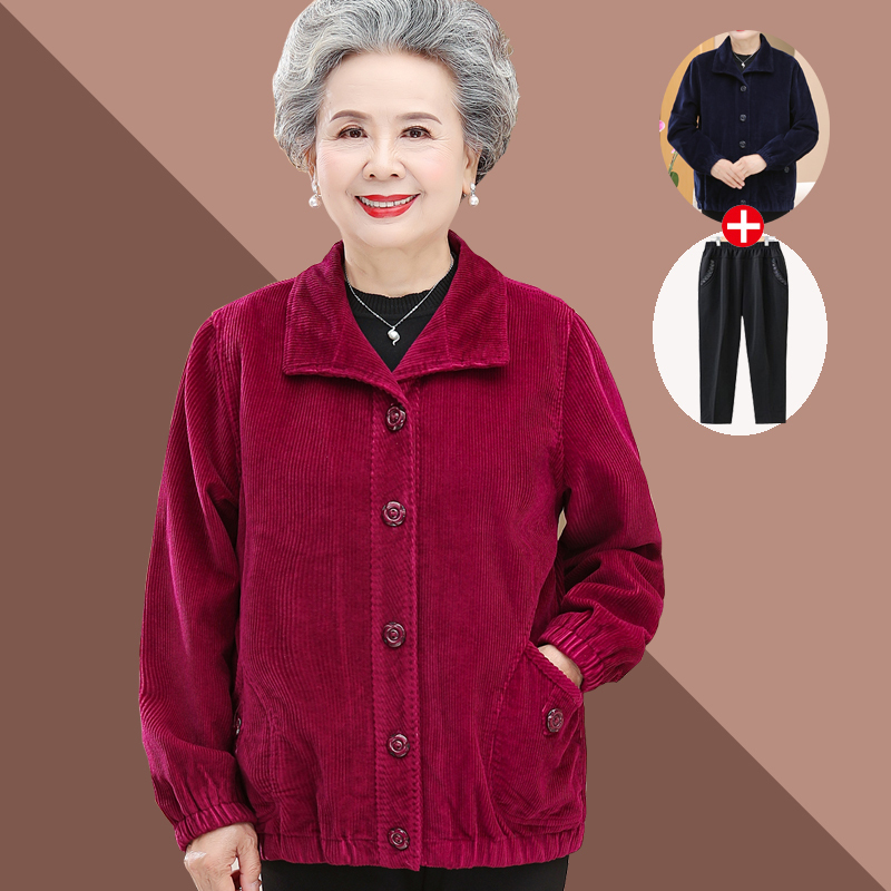 Autumn Tops for Middle-Aged and Elderly Women, Corduroy Jackets for Grandma, Spring and Autumn Clothing for 70-80 Year Old Ladies, Mother's Jacket