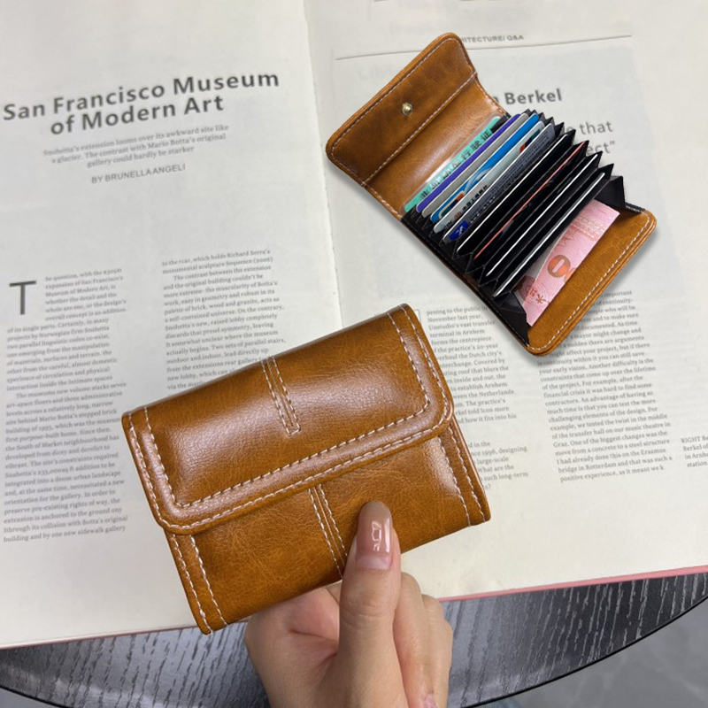 Card Holder for Women, Compact, Vintage Oil Wax Leather, Multiple Card Slots, Exquisite and High-End Document Storage Bag, Accordion-Style Bank Card Holder, Card Clip