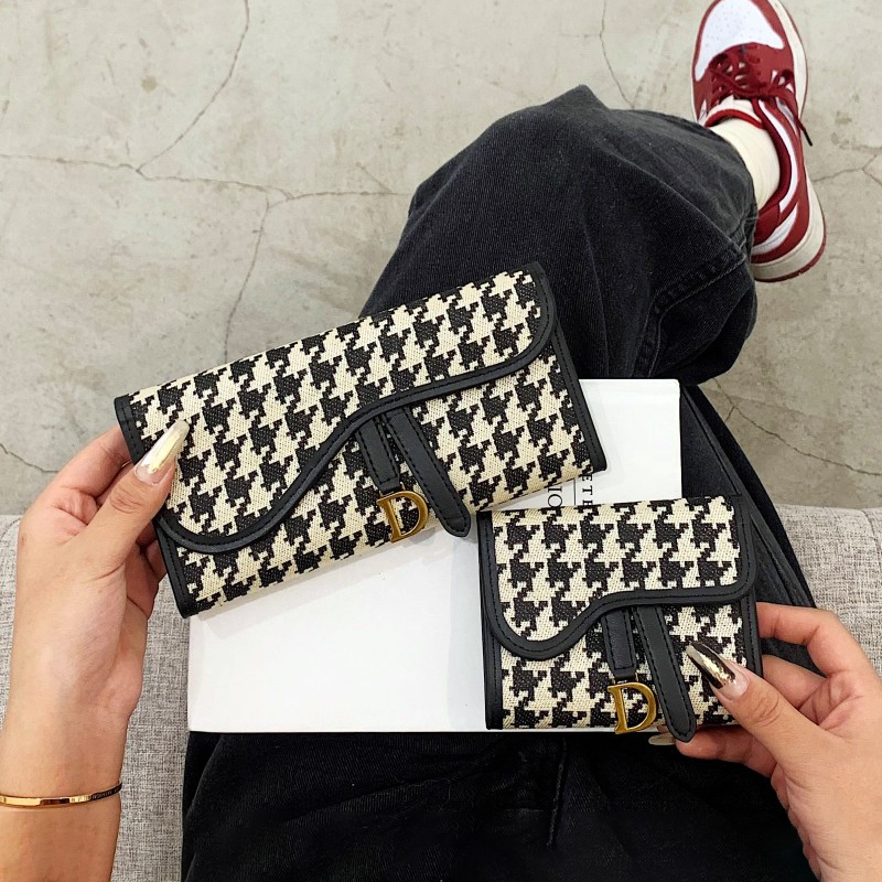 2026 New Houndstooth Plaid Wallet for Women, Short Style, Fashionable Student Folding Coin Purse, Multi-Card Slots, Long Wallet
