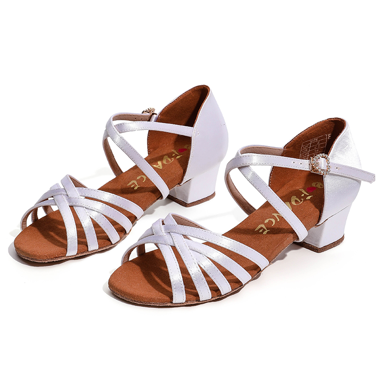 Professional Kids Latin Dancing Shoes Girls Square Heel Little White Shoes Satin B7000 Cha-Cha Rumba Girls Low Heel Competition