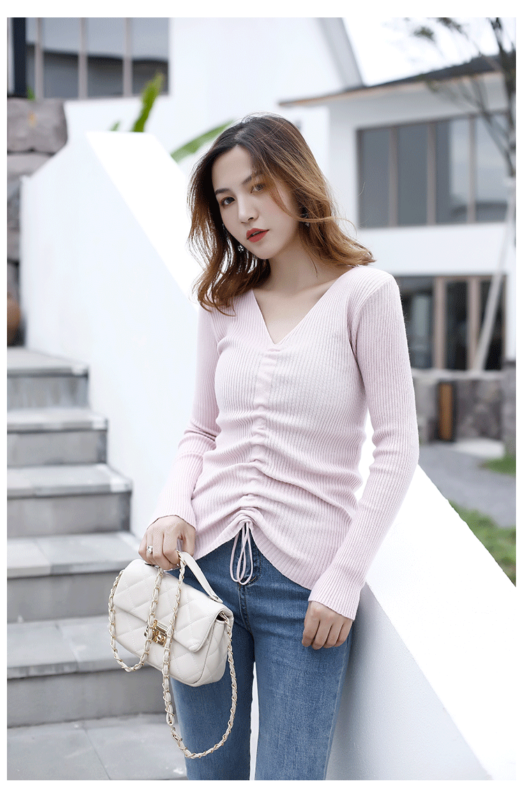 Mùa thu 2018 mới áo len cổ chữ V dây kéo đáy áo sơ mi nữ lười gió dài tay áo len mỏng áo len rộng top áo len nữ cổ cao