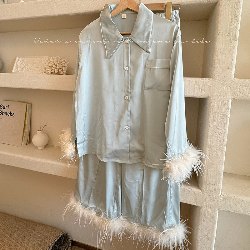 High-End French-Style Blue Satin Ostrich Feather Pajamas for Women, New Spring and Autumn Feather Long-Sleeved Home Wear Set