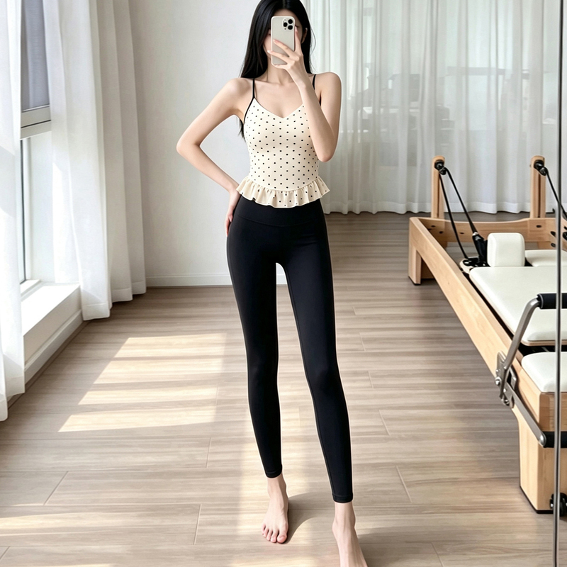 Qiaqialulu Polka Dot Ruffled Strap Yoga Tank Top Women's High-Waisted Tight-Fitting Fitness Pants Slimming Sports Set Qiaqialulu Polka Dot Ruffled Strap Yoga Tank Top Women's High-Waisted Tight-Fitting Fitness Pants Slimming Sports Set