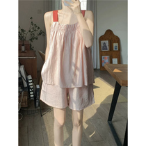 Instant Peach Blossom Orange Sea sweet pink loose suspender pajamas for women summer cotton and linen skirt wear outside