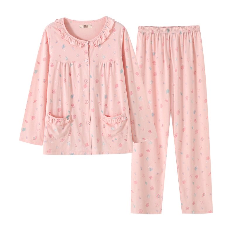Large-yard pajamas female summer thin cotton long sleeve sleeve sleeve sleeve sleeve in old mother's home clothes whole cotton middle-aged woman pajamas