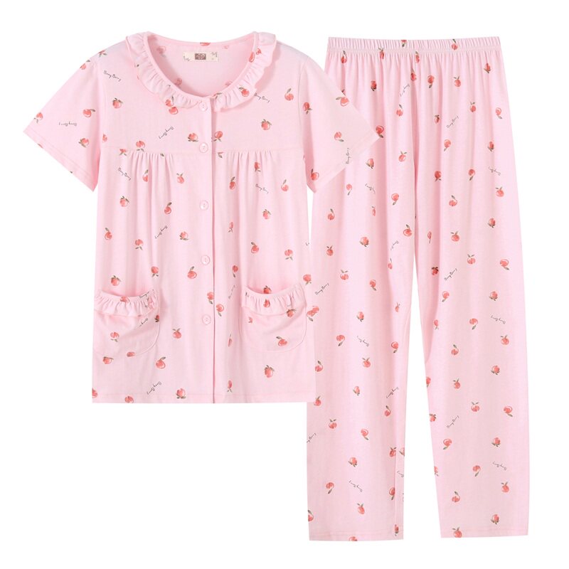 Summer thin cotton short-sleeved trousers women's pajamas middle-aged and elderly collarless women's pajamas cardigan mother pajamas set