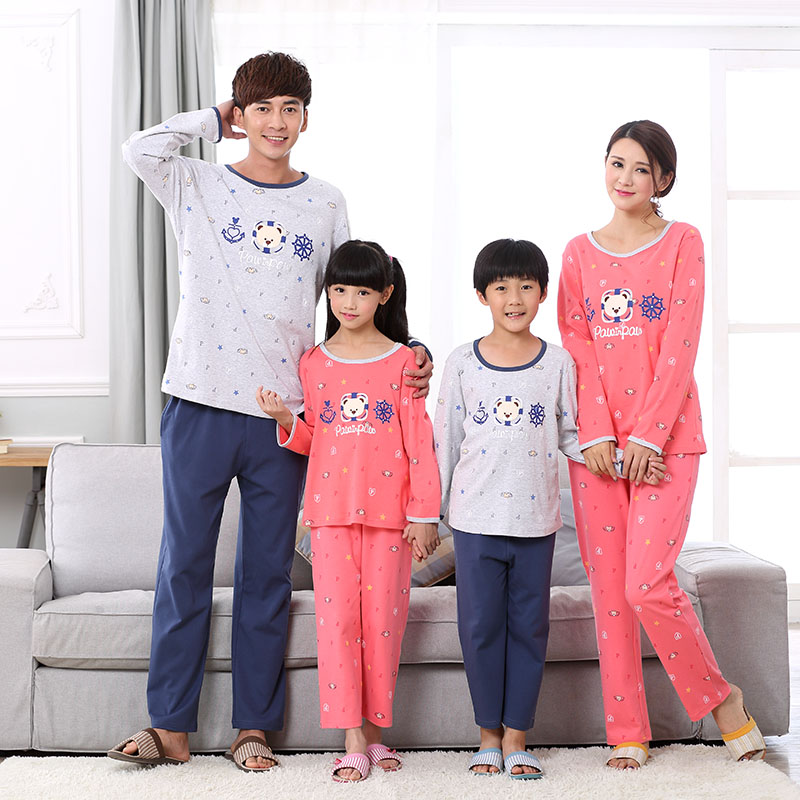 Family-child pajamas spring and autumn pure cotton long sleeve trousers of pajamas all cotton family three family suit Fenfan